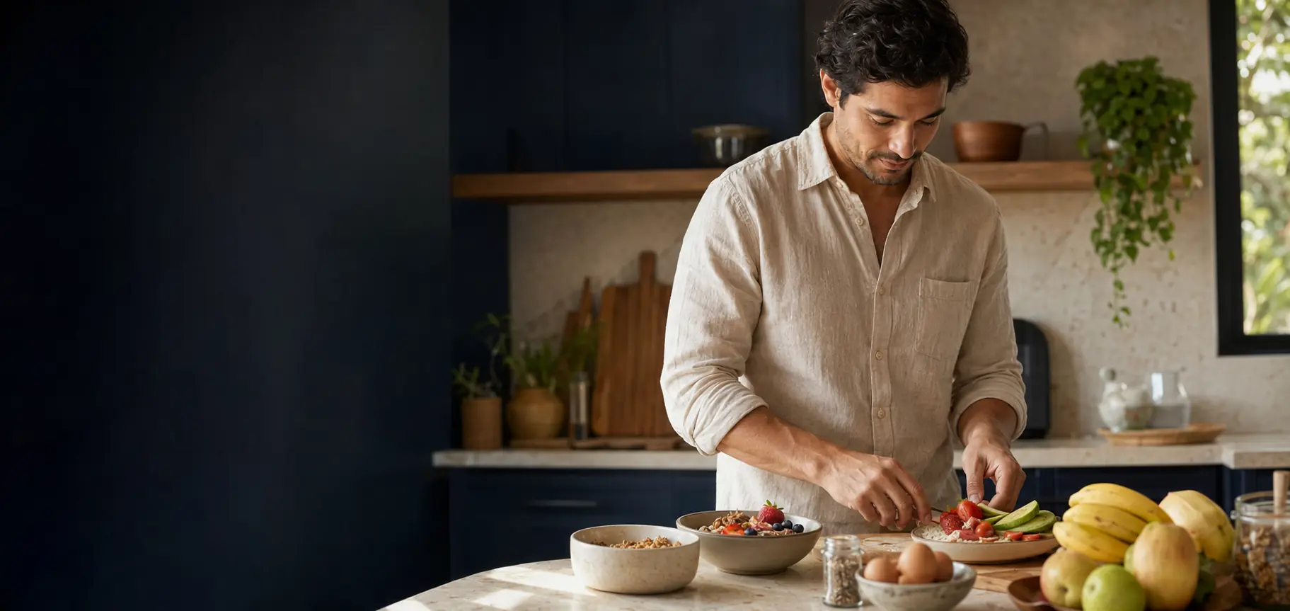Hombre preparando un desayuno cotidiano en una cocina de San José